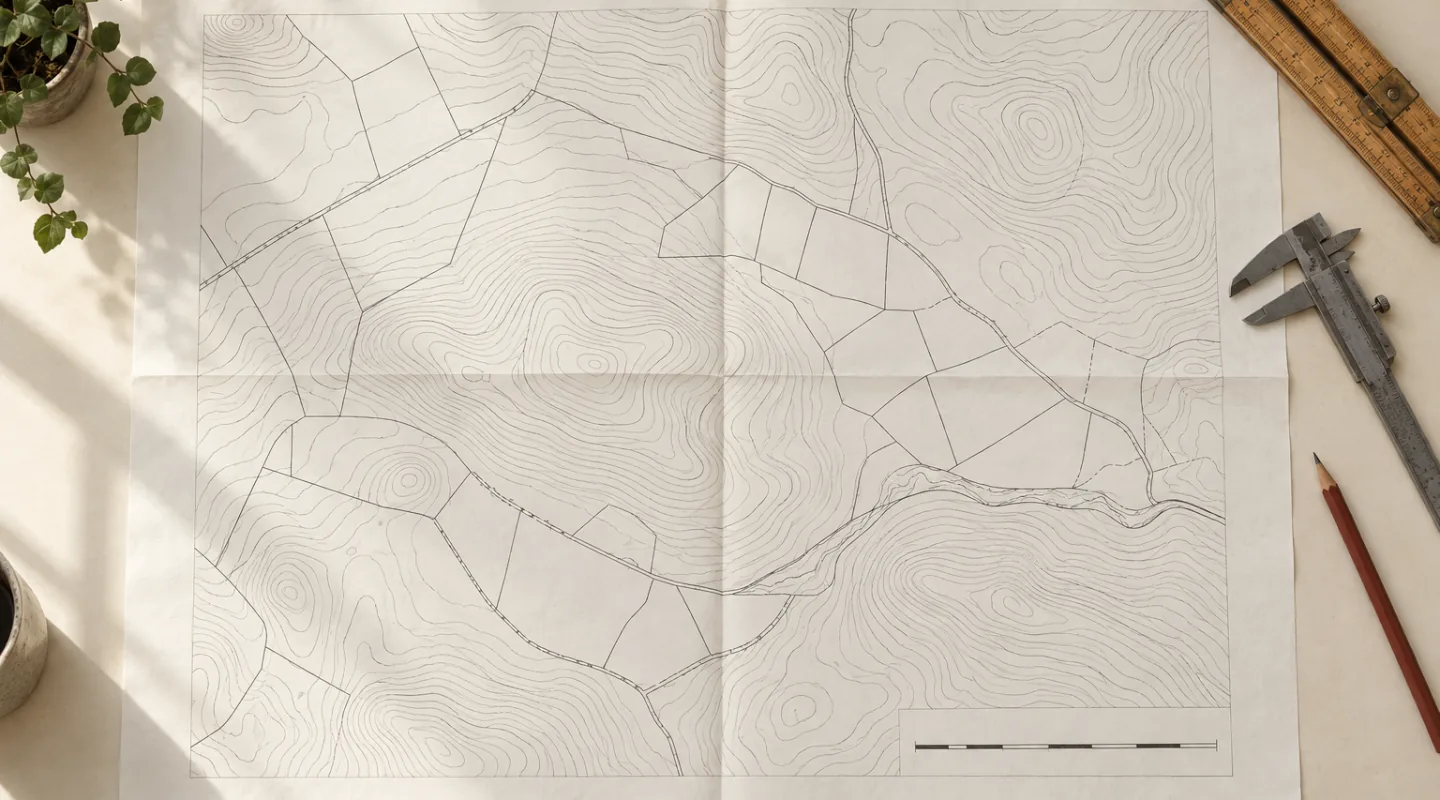 Rilievo topografico spiegato sul tavolo: curve di livello, confini di particelle e scala grafica, con metro pieghevole, calibro e matita