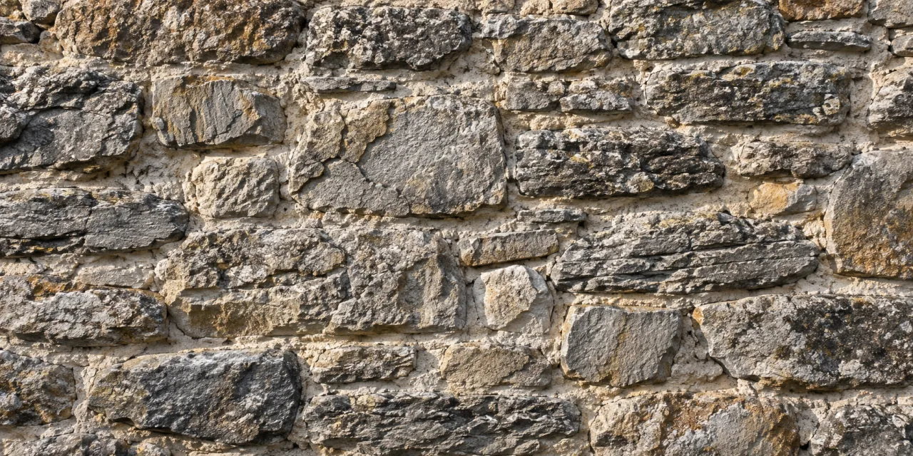 Muro in pietra locale a corsi irregolari, con giunti di malta e superficie erosa dal tempo