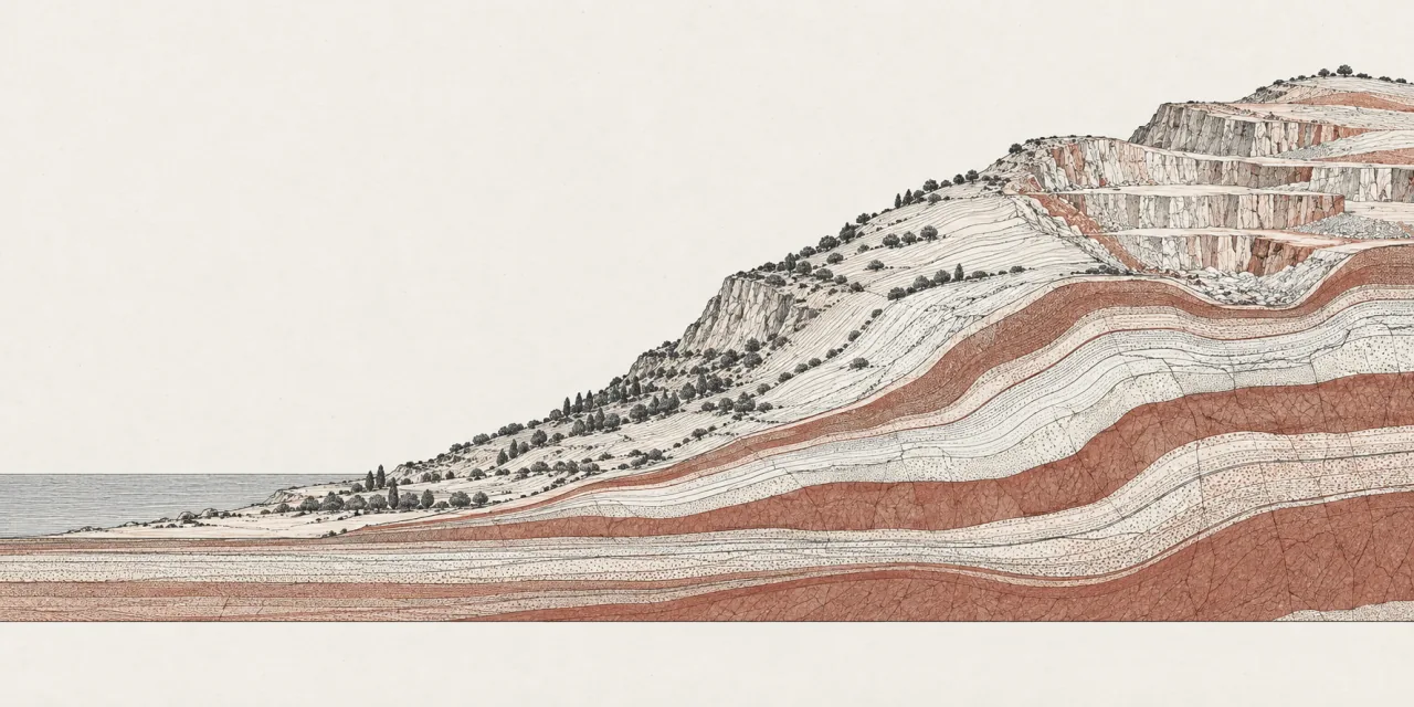 Sezione disegnata di un versante: dal mare alla costa, i boschi, gli strati e le terrazze di cava in alto