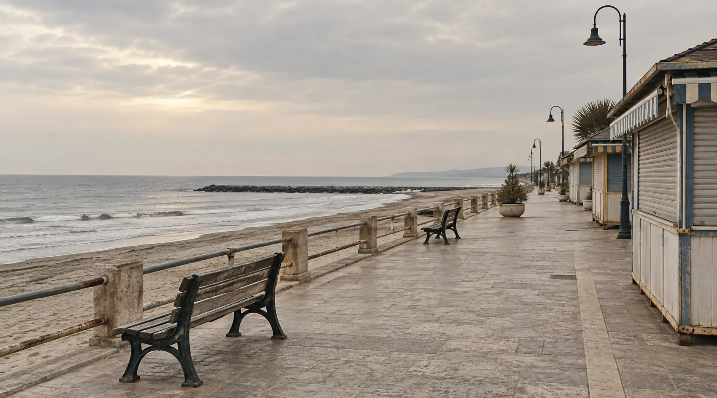 Lungomare fuori stagione: panchine vuote, chioschi chiusi e mare grigio sotto un cielo coperto