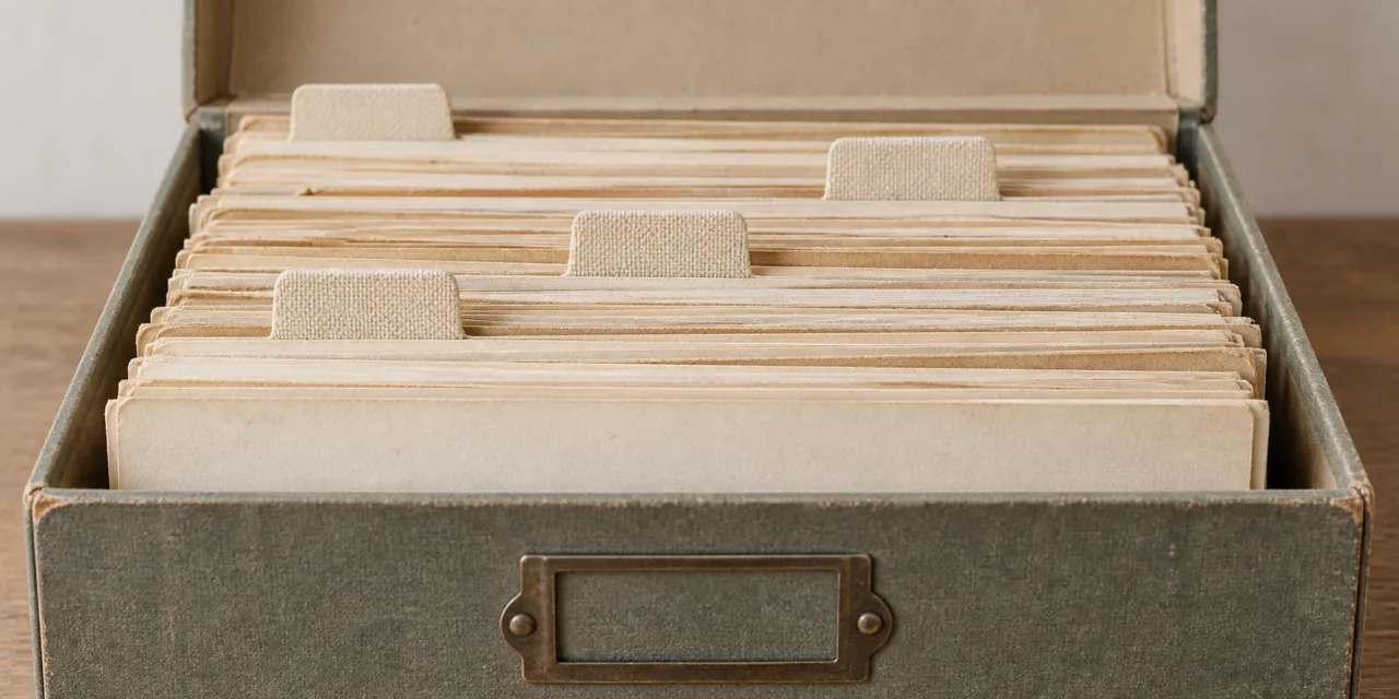 Scatola d'archivio aperta con schede di carta e separatori a linguetta, senza etichette