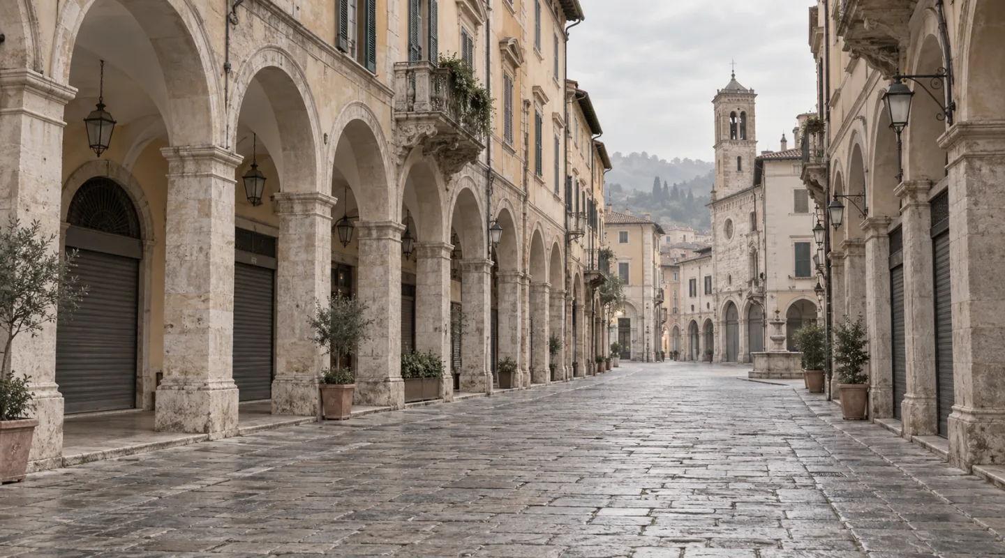 Via porticata di un centro storico italiano al mattino presto: saracinesche abbassate, pavimentazione in pietra e un campanile in fondo