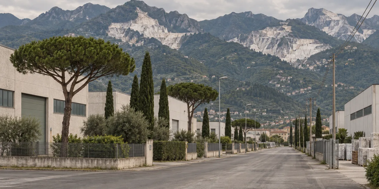 Zona artigianale di pianura: capannoni, pini e cipressi, e sullo sfondo i versanti con le cave di marmo