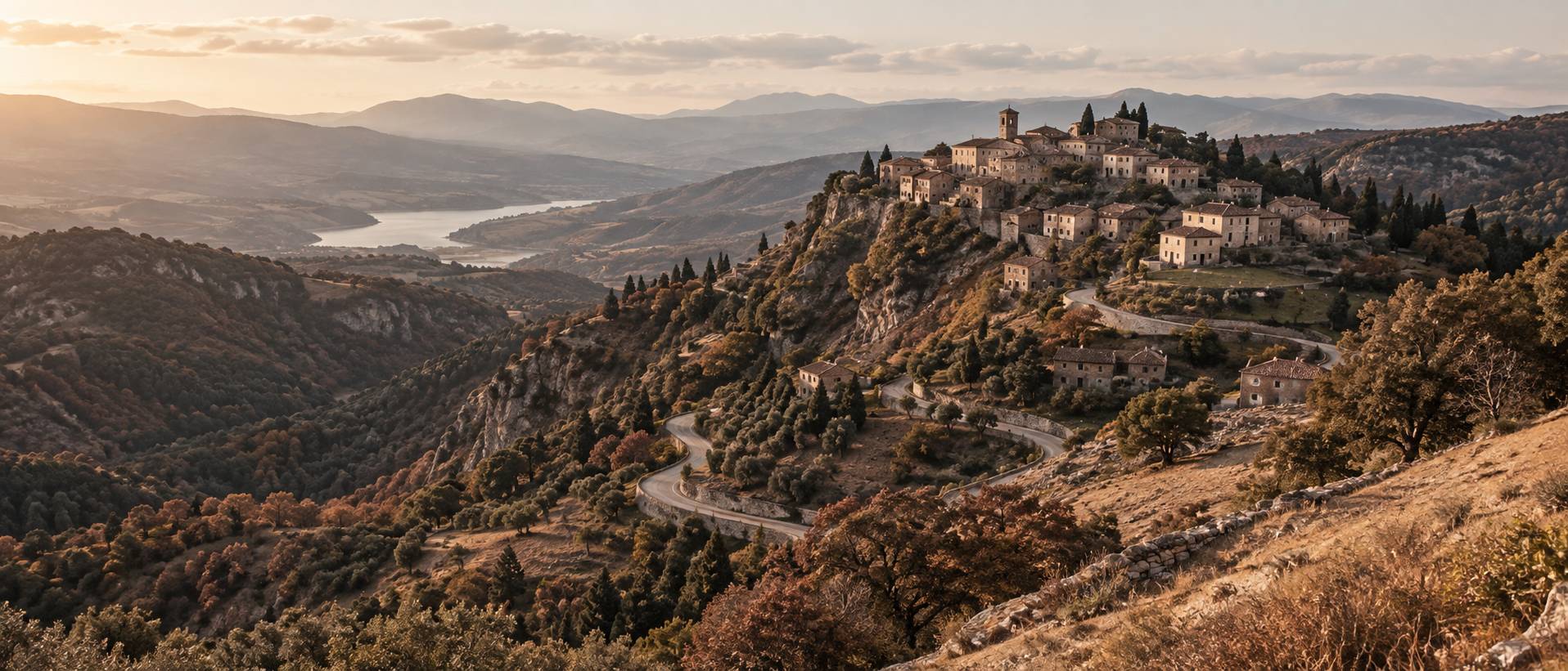 Hameau de montagne aux maisons de pierre et ruelles en pente sous un ciel nuageux