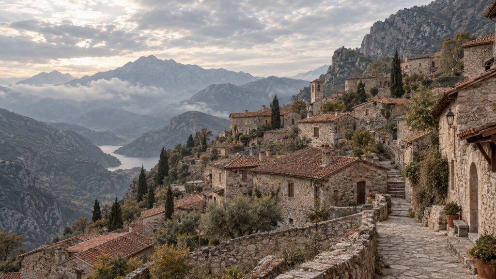 Hameau de montagne aux maisons de pierre et ruelles en pente sous un ciel nuageux