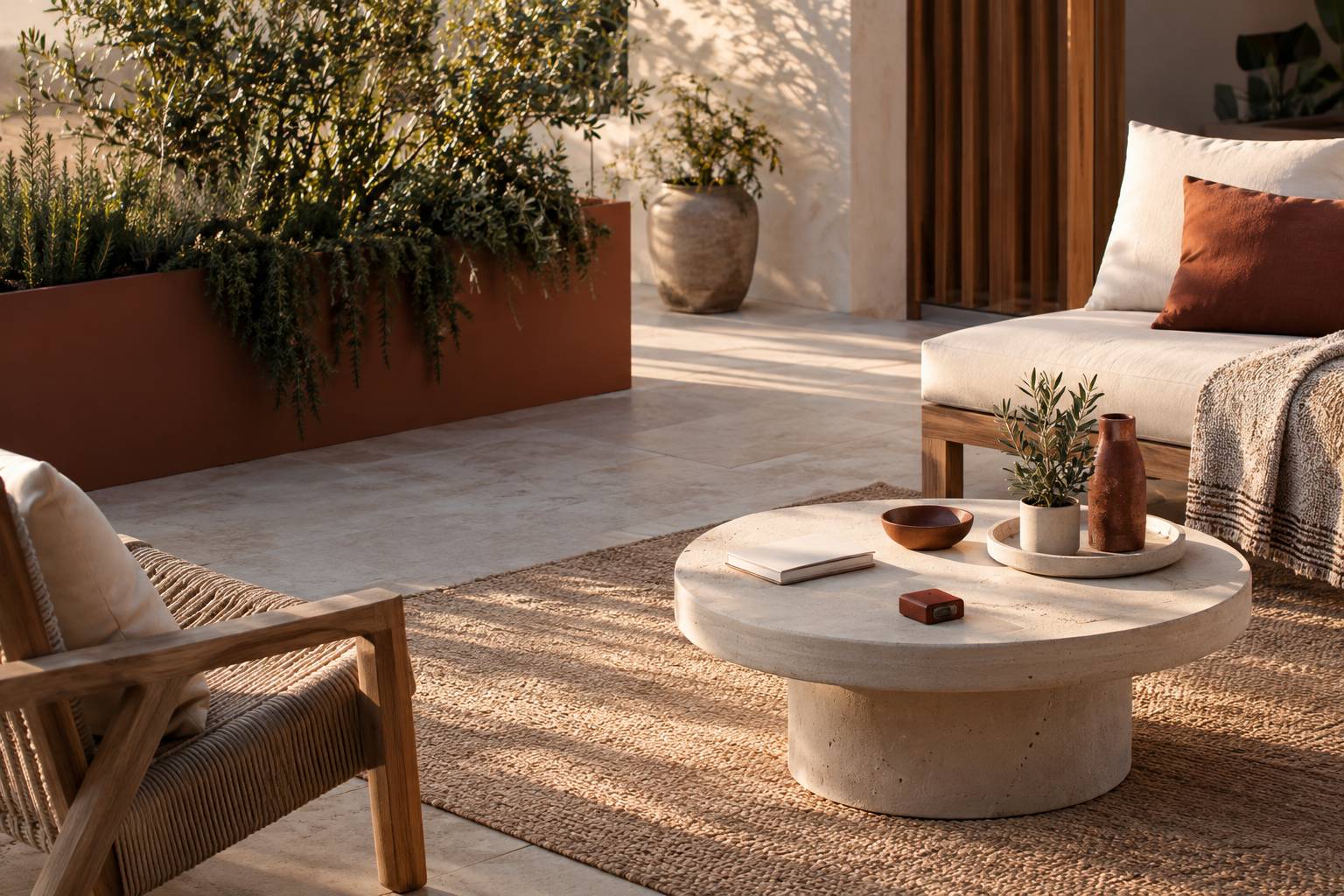 Coin de terrasse avec jardiniere et metre a ruban range