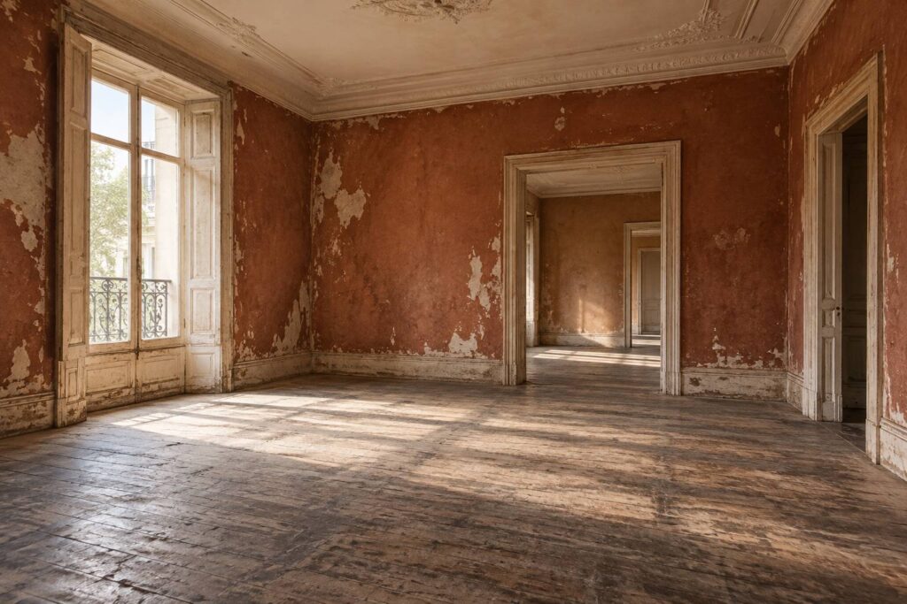 Piece d'un appartement ancien a renover avec parquet use et lumiere de fenetre