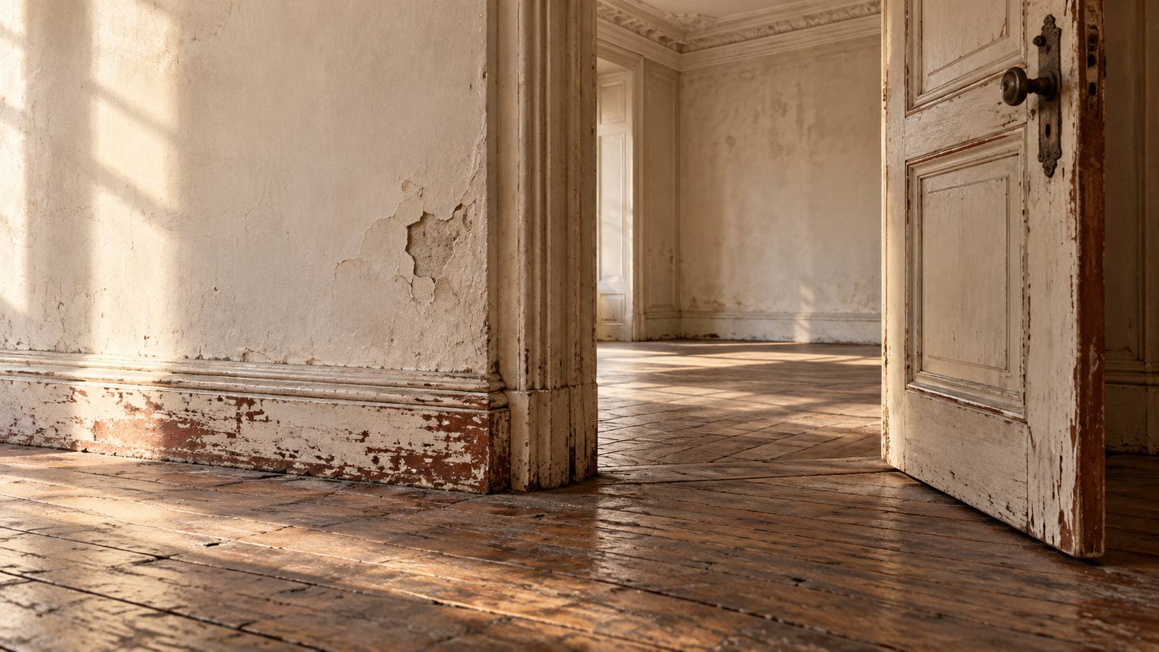 Vue rapprochee du parquet ancien abime et d'une poignee de porte d'epoque