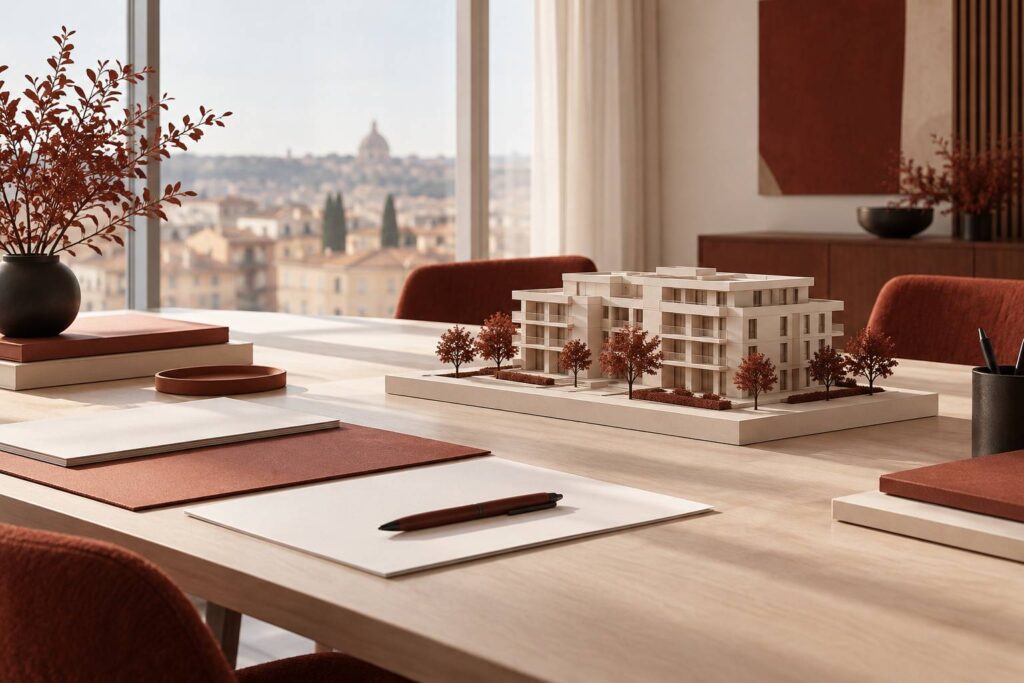 Maquette de bâtiment résidentiel sur une table d'agence