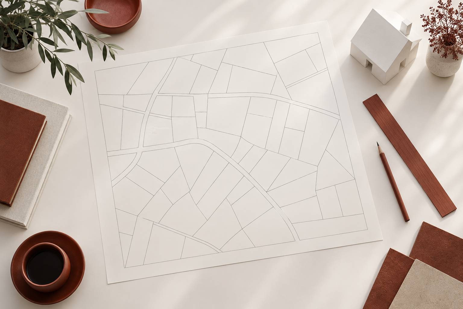 Plan vierge et maquette de maison sur un bureau