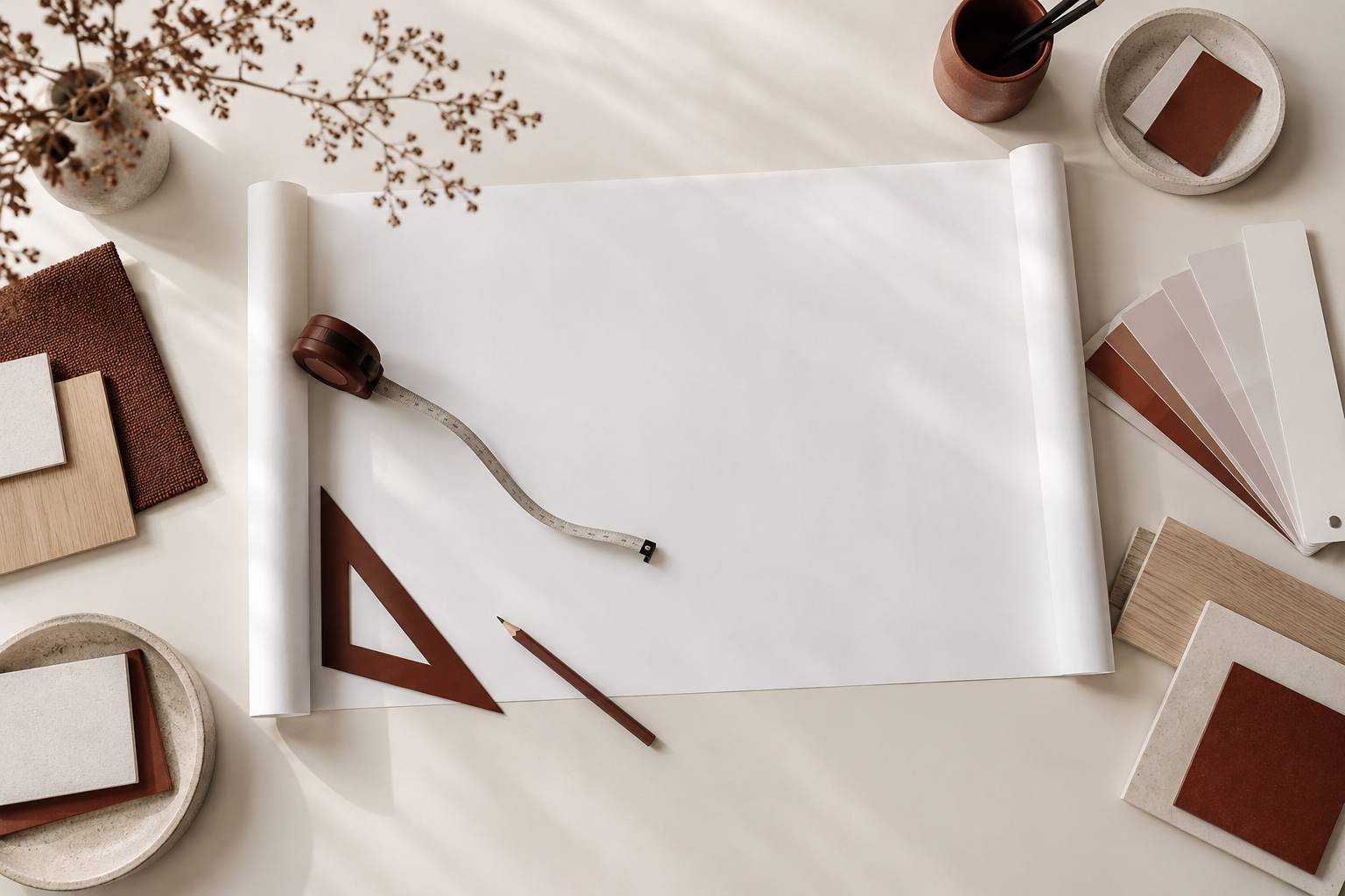 Plan vierge deroule avec metre ruban, equerre et crayon sur un bureau