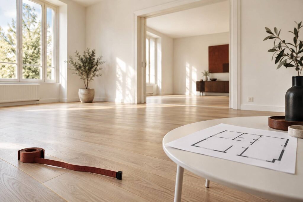 Pièce vide et lumineuse avec mètre ruban lors d'une évaluation immobilière