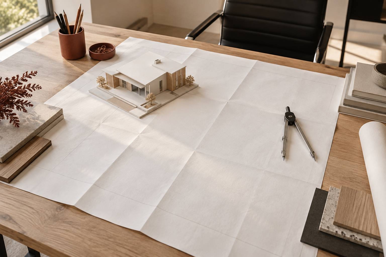 Plan deplie vierge et maquette de pavillon sur une table de travail