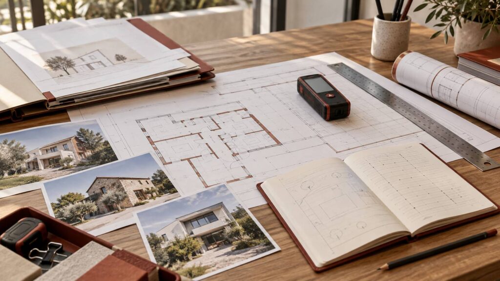 Dossier immobilier ouvert avec plans, photos de façades, mètre laser et carnet de relevés