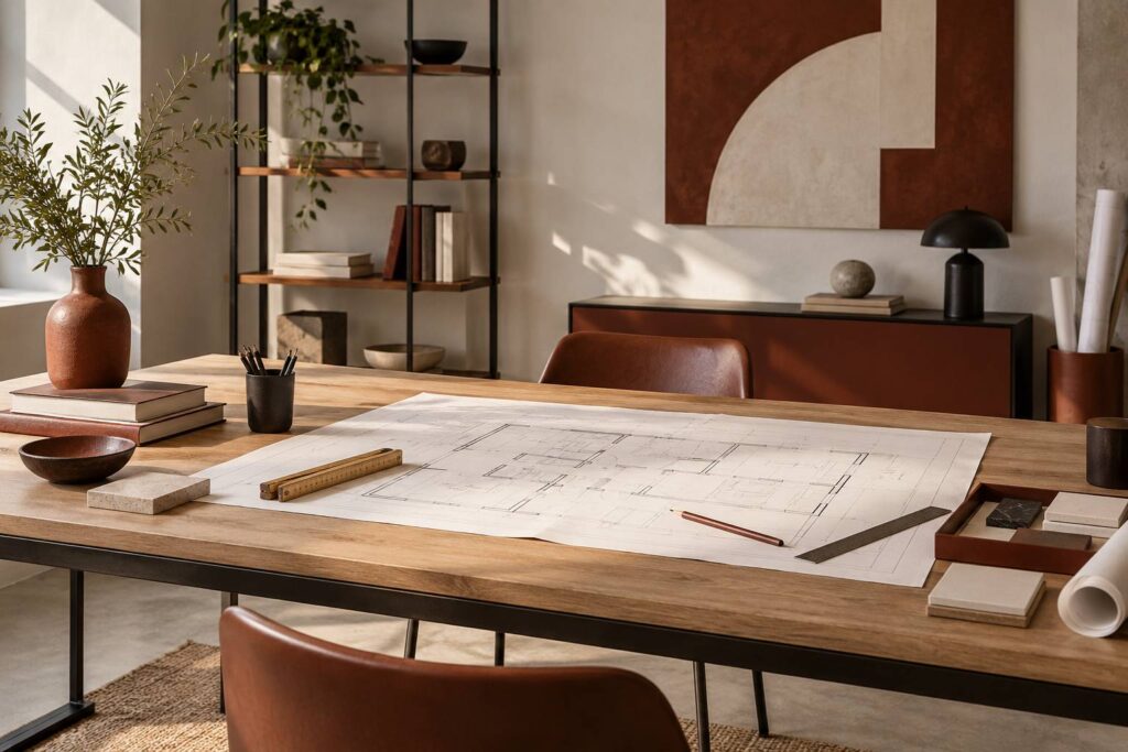 Plan de logement et outils de mesure sur un bureau d'architecte